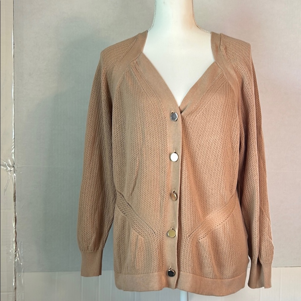 Anne Klein Stitch Detail Intersecting Ribbed Knit Panels Button Up Sweater Sz XL